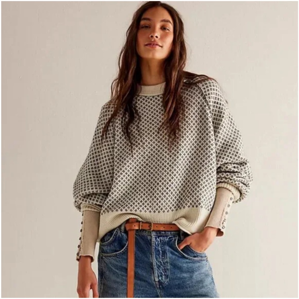 Free People “As if” Pullover Sweater in ivory combo by We the Free NEW Sz L - Picture 2 of 13